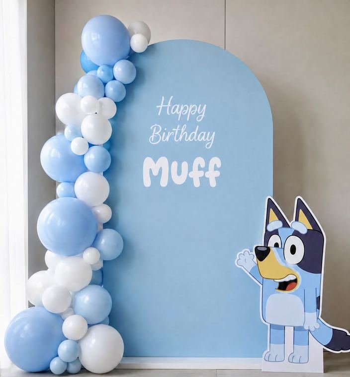 Sky blue Bluey themed birthday arch with blue and white balloon garland